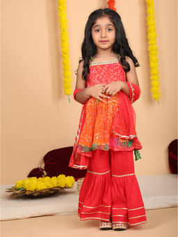 Kinder Kids - Red Bandhani Printed Kurti & Sharara with Dupatta
