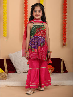 Kinder Kids - Pink Bandhani Printed Kurti & Sharara with Dupatta