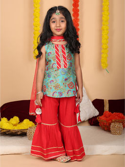 Kinder Kids - Green Floral Printed Kurti & Sharara with Dupatta