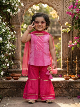 Kinder Kids - Pink Bandhani Printed Kurti & Sharara with Dupatta