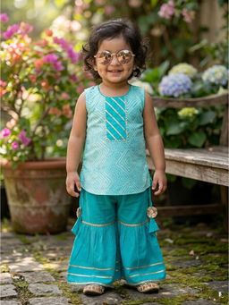 Kinder Kids - Blue Bandhani Printed Kurti & Sharara with Dupatta