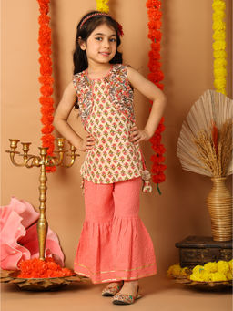 Kinder Kids - Beige Floral Printed Kurti with attached Jacket & Sharara