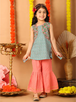 Kinder Kids - Blue Floral Printed Kurti with attached Jacket & Sharara