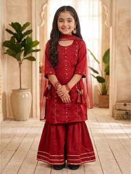 Kinder Kids - Red 3/4 Sleeves Embroidered Kurti with Sharara & Dupatta