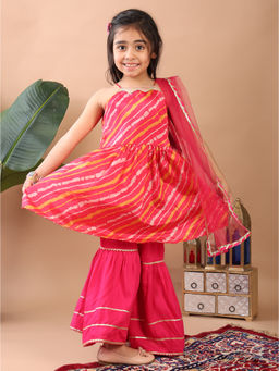 Kinder Kids - Pink Leheriya Printed Sleeveless Kurti with Sharara & Dupatta