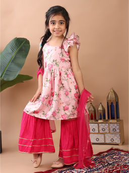 Kinder Kids - Pink Floral Printed Kurti with Sharara & Dupatta
