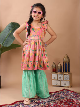 Kinder Kids - Green Floral Printed Sleeveless Kurti with Sharara
