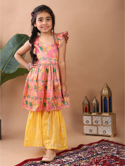 Kinder Kids - Yellow Floral Printed Sleeveless Kurti with Sharara