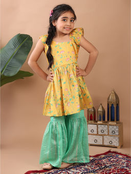 Kinder Kids - Green Lotus Printed Sleeveless Kurti with Sharara