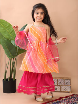 Kinder Kids - Pink Lehriya Printed Sleeveless Kurti with Sharara & Dupatta