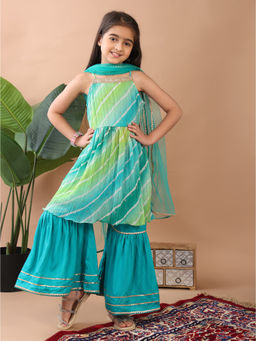 Kinder Kids - Green Lehriya Printed Sleeveless Kurti with Sharara & Dupatta