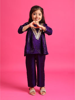 Tiny Kingdom - Girls Purple Three Fourth Sleeves Sequin Kurti and Pant