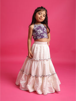 Tiny Kingdom - Girls Purple Cotton Polyester Floral Embroidered Top and Skirt