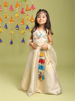 Tiny Kingdom - Girls Gold Bird Printed Choli & Lehenga with Dupatta