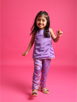 Tiny Kingdom - Girls Purple Bandhani Printed Kurti and Pant