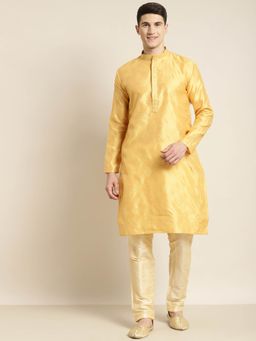 SOJANYA - Men Jacquard Silk Yellow & Gold Self Design Long Kurta