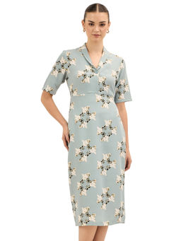 SALT Attire - Womens Blue Floral Shawl Collared Midi Dress