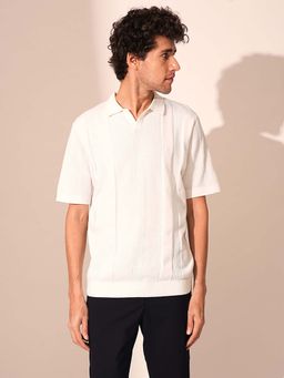 Selected - White Structured Knit Organic Cotton Polo T-Shirt