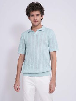 Selected - Blue Crochet Organic Cotton Knit Polo T-Shirt