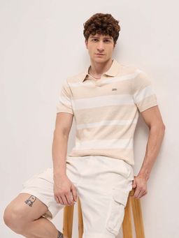 The Bear House - Men's Beige Slim Cotton Collar Neck Polo T-Shirt