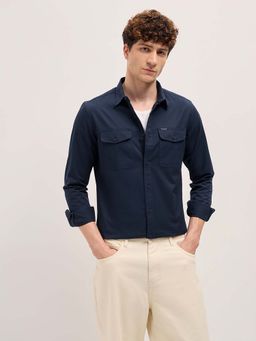 The Bear House - Men's Navy Blue Solid Cotton Shirt