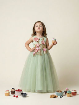 BYB Premium - Net Woven Corsage Embellished Party Gowns-Green