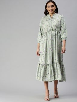 SHOWOFF - Women Green Floral Mandarin Neck A-Line Dress