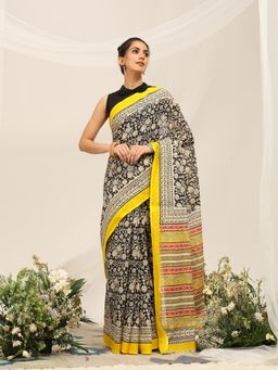 Garden VARELI - Women's Pure Cotton Black Venkatgiri Saree with Unstitched Blouse