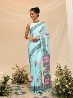 Garden VARELI - Women's Pure Cotton Blue Venkatgiri Saree with Unstitched Blouse