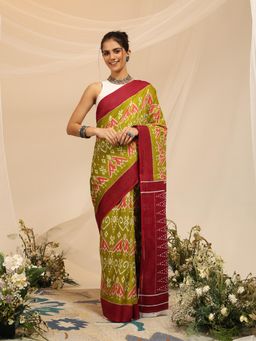 Garden VARELI - Women's Pure Cotton Olive Green Venkatgiri Saree with Unstitched Blouse