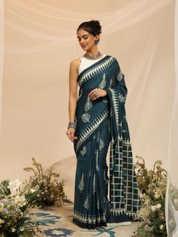 Garden VARELI - Women's Pure Cotton Blue Venkatgiri Saree with Unstitched Blouse