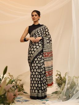 Garden VARELI - Women's Pure Cotton Black Venkatgiri Saree with Unstitched Blouse