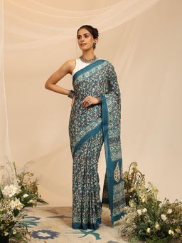 Garden VARELI - Women's Pure Cotton Blue Venkatgiri Saree with Unstitched Blouse