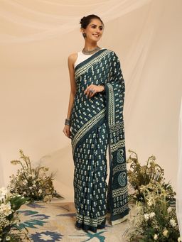 Garden VARELI - Women's Pure Cotton Teal Venkatgiri Saree with Unstitched Blouse