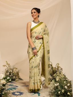 Garden VARELI - Women's Pure Cotton Cream Venkatgiri Saree with Unstitched Blouse