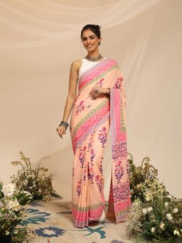 Garden VARELI - Women's Pure Cotton Peach Venkatgiri Saree with Unstitched Blouse
