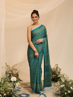 Garden VARELI - Women's Pure Cotton Teal Venkatgiri Saree with Unstitched Blouse