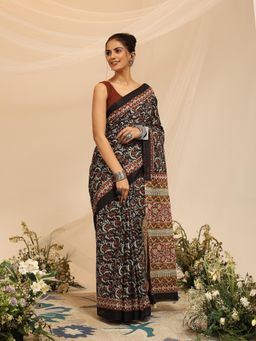 Garden VARELI - Women's Pure Cotton Black Venkatgiri Saree with Unstitched Blouse