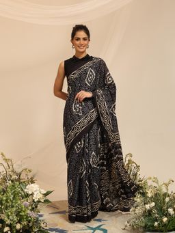 Garden VARELI - Women's Pure Cotton Black Venkatgiri Saree with Unstitched Blouse