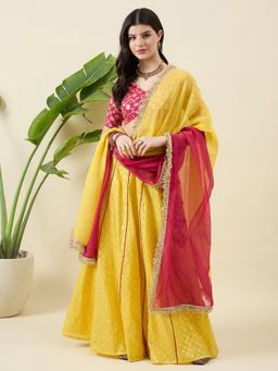 Aritri - Yellow Woven Thread Work Lehenga and Stitched Blouse With Dupatta