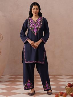 Kashmir Box - Aari Embroidered Navy Blue Ruby Cotton Round Neck Co-ord Set