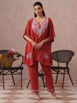 Kashmir Box - Aari Embroidered Red Rayon Round Neck Kaftan Kurti with Pant