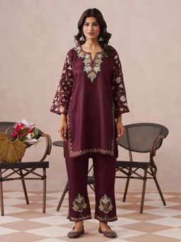 Kashmir Box - Aari Maroon Embroidered Polyester Round Neck Co-ord Set