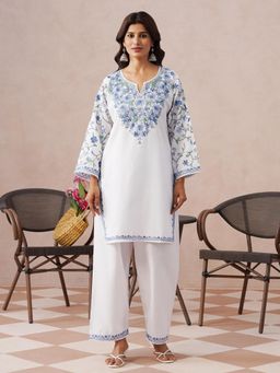 Kashmir Box - Aari White Embroidered Polyester Round Neck Co-ord Set