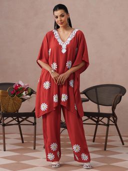Kashmir Box - Aari Embroidered Red Rayon V-Neck Kaftan Kurti with Pant