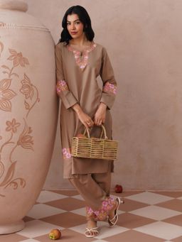 Kashmir Box - Aari Embroidered Brown Ruby Cotton Round Neck Co-ord Set