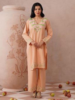 Kashmir Box - Aari Embroidered Orange Cambric Cotton V-Neck Co-ord Set