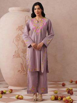 Kashmir Box - Aari Embroidered Lavender Cambric Cotton Round Neck Co-ord Set