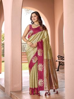 Manohari - Banarasi Beige Zari Work with Maroon Border Saree and Unstitched Blouse