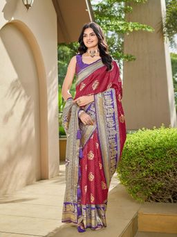 Manohari - Women's Maroon Ethnic Banarasi Silk Saree with Unstitched Blouse